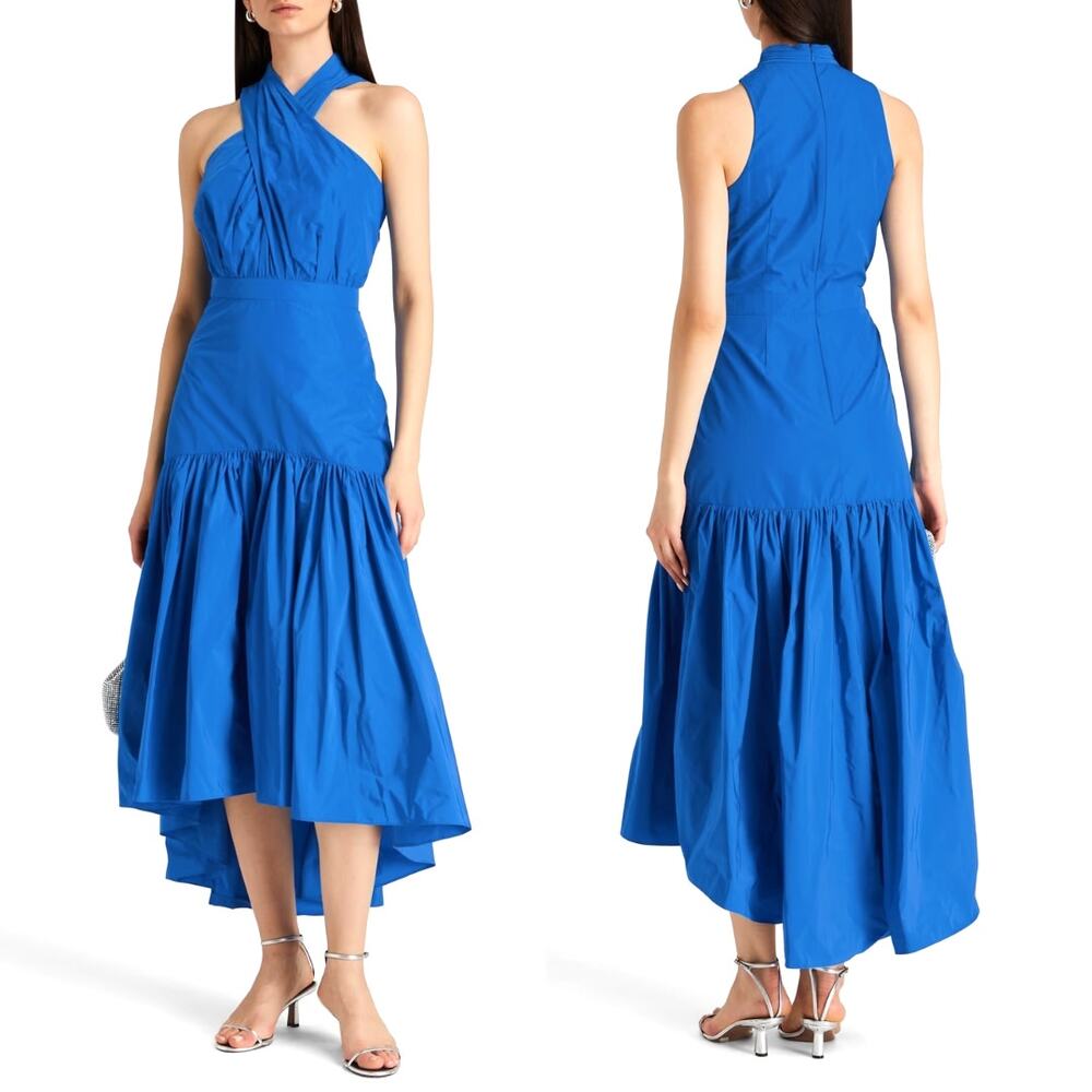 Veronica Beard Radley Blue Asymmetric Tiered Taffeta Crossover Neck Maxi Dress